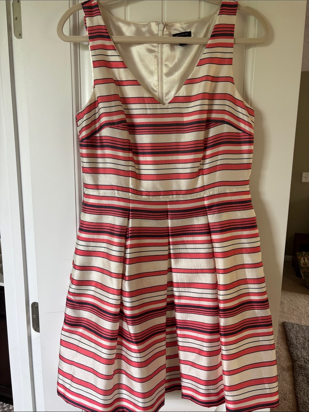 Ann Taylor Striped Fit & Flare Dress in Cream, Red and Black